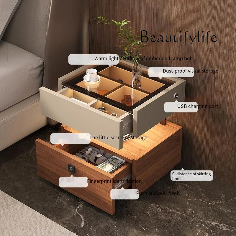 X Fingerprint Lock USB Induction Lamp Nightstands Room Storage Drawers Bedsides Table Luxury Side Mesa De Noche Bedroom Furnitur