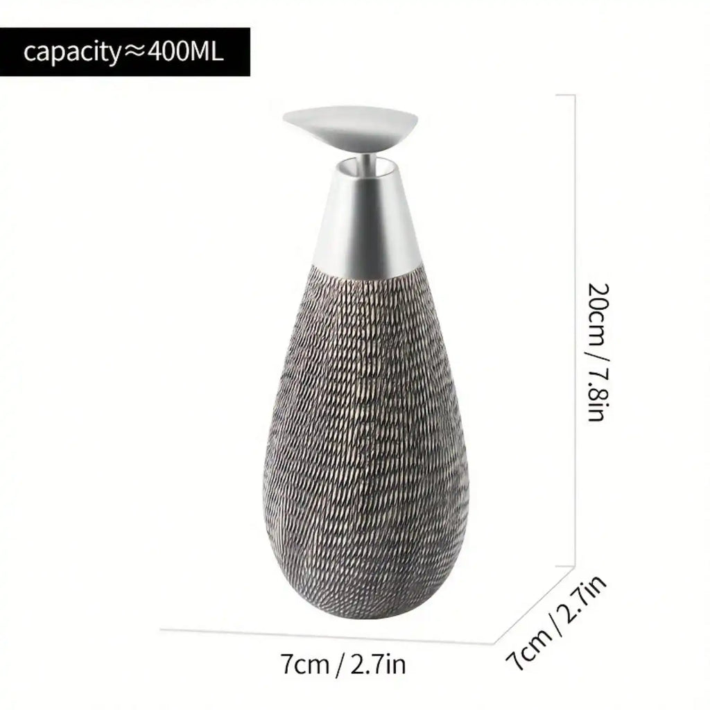 Decorative bottle with textured design and silver cap, shown with measurements on a white background.