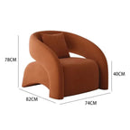 Brown armchair with dimensions labeled on a white background