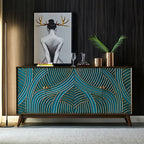 Decorative sideboard with teal and gold pattern in a room setting.