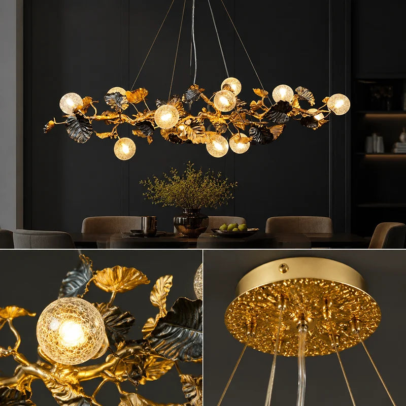 A decorative branch-shaped chandelier with glowing spherical bulbs, gold-toned metallic leaves and branches, and dark textured accents, shown hanging in a dark dining room with a close-up detail panel and a bottom panel showing the ceiling canopy.