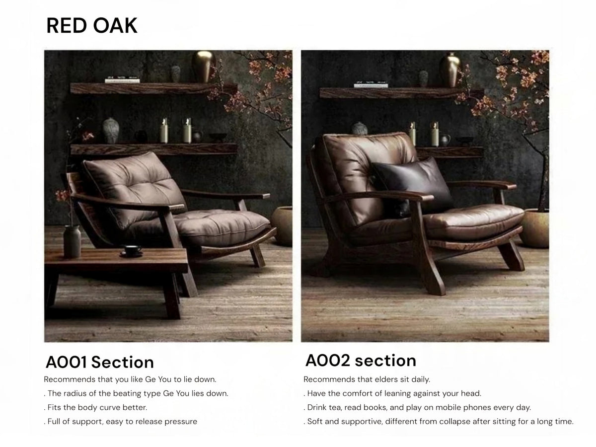 A comparison infographic showing two views of a dark brown leather and wood armchair labeled 'RED OAK'. The left panel shows the 'A001 Section' with descriptive text below, and the right panel shows the 'A002 section' with text below.