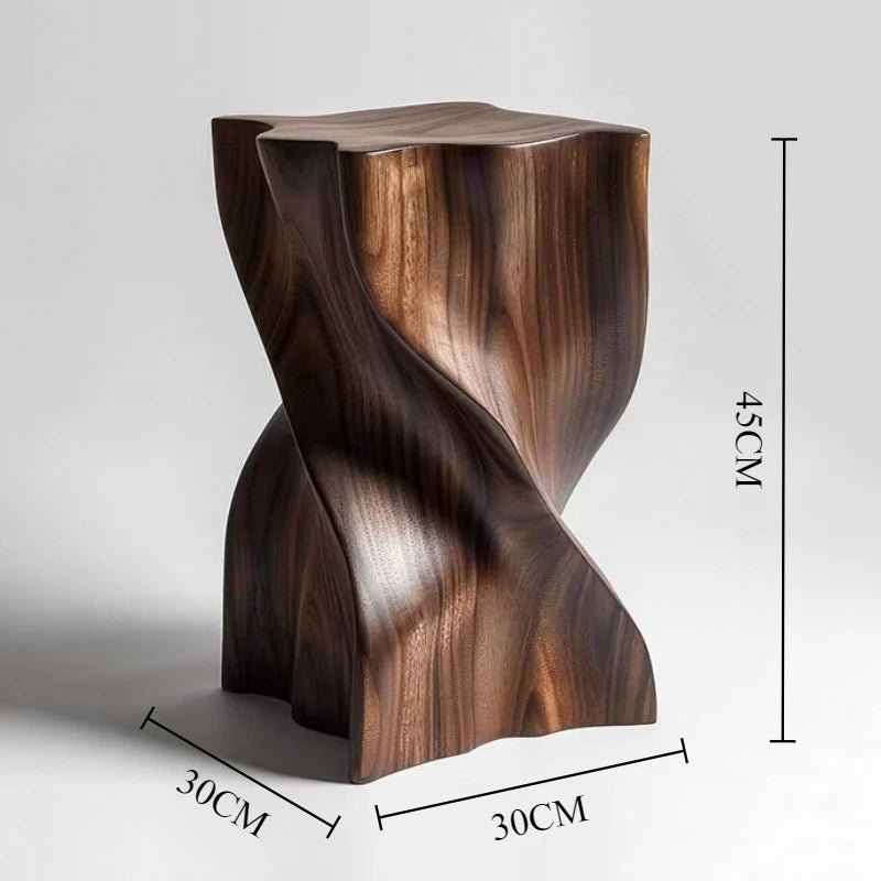Wooden stool with a twisted design and measurements on a white background