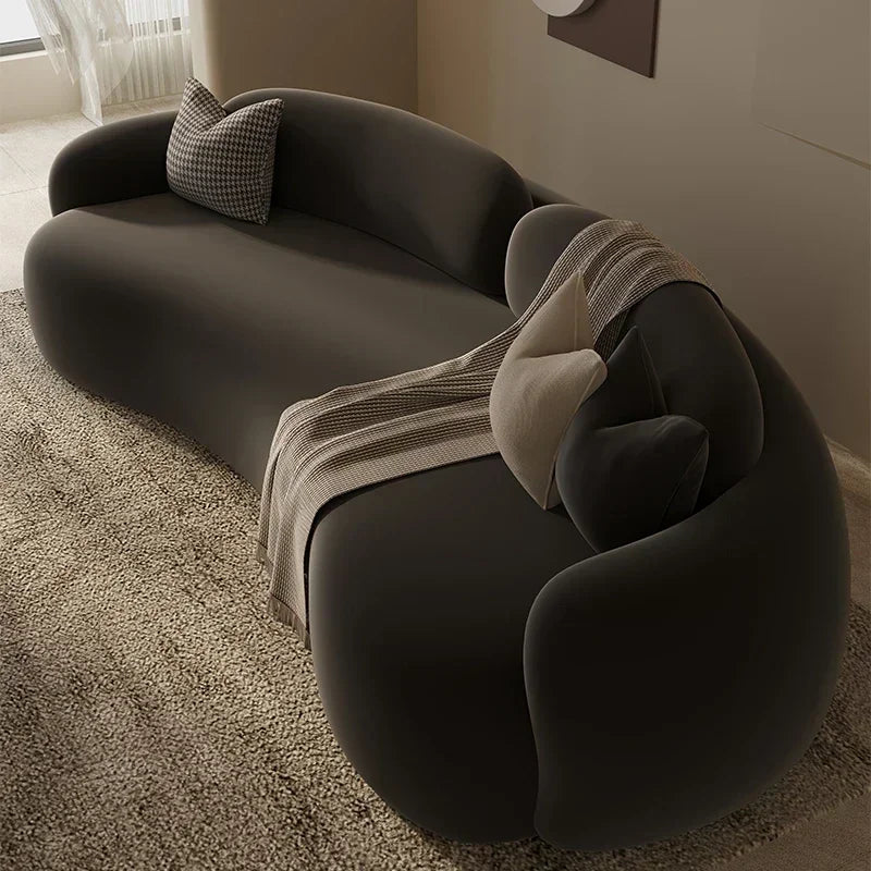 Modern dark gray sofa with a blanket and pillow in a room with light-colored carpet and wall.