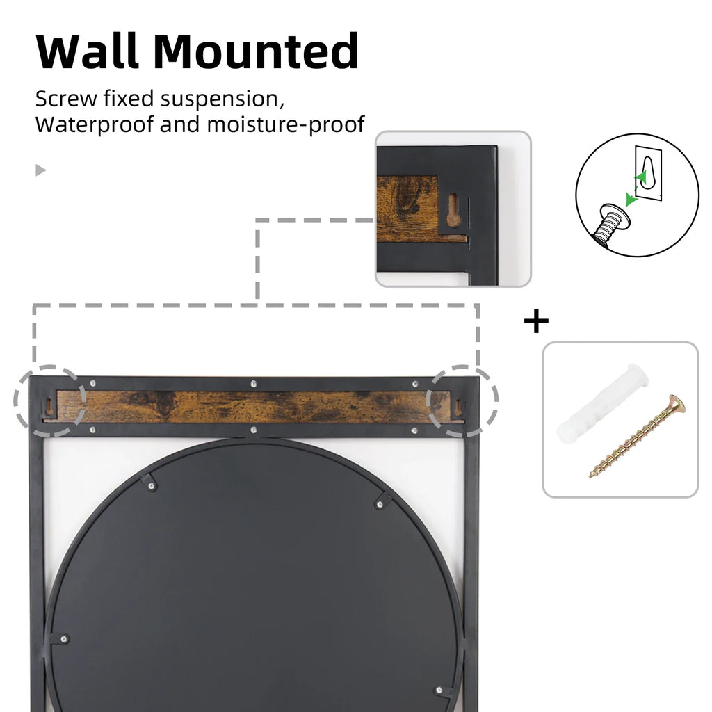 63x76CM Industrial Metal Wood Frame Wall Mounted Mirror Bathroom Living Room Decorative Mirror