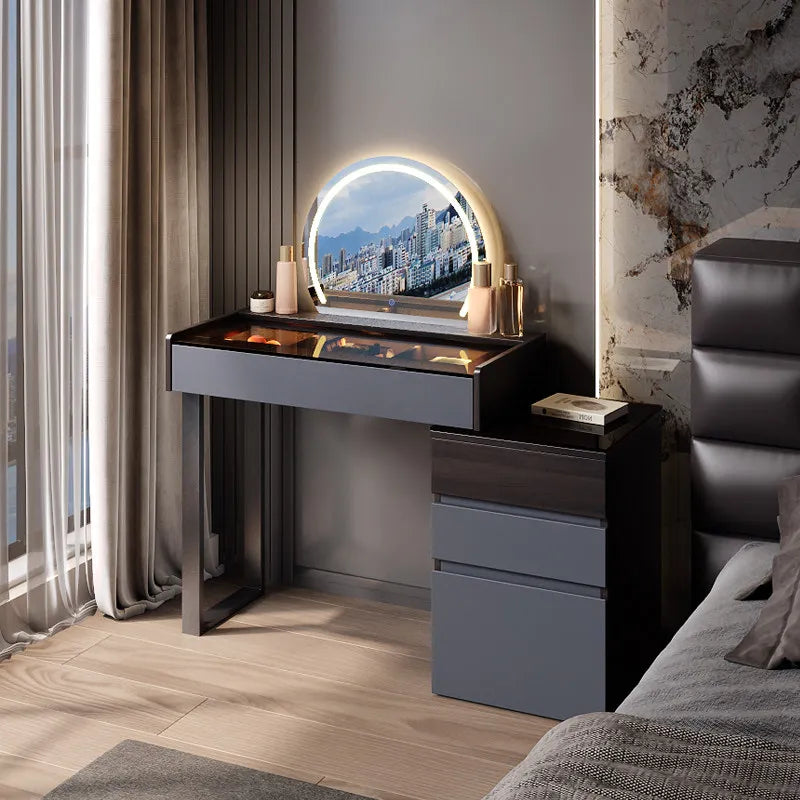 Nordic Glass Top Makeup Vanity Table – Minimalist Dressing Table with Storage Drawers