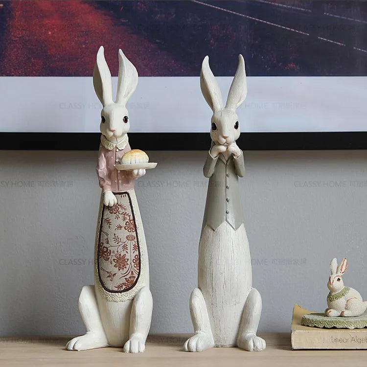 Country Rabbit Couple Ornaments – Hand-Painted Resin Figures