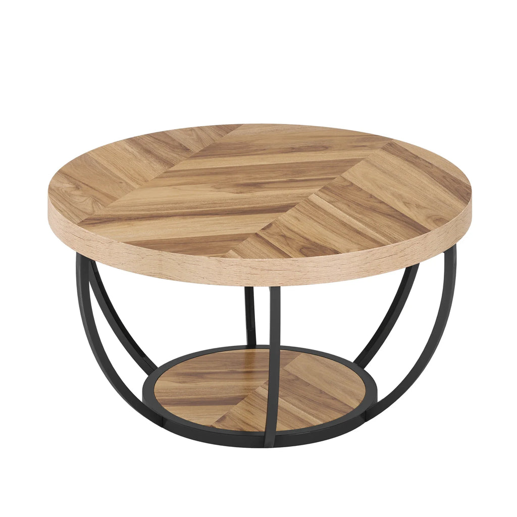 Round wooden coffee table with black metal base on a white background