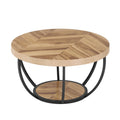 Round wooden coffee table with black metal base on a white background