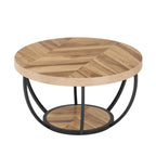 Round wooden coffee table with black metal base on a white background
