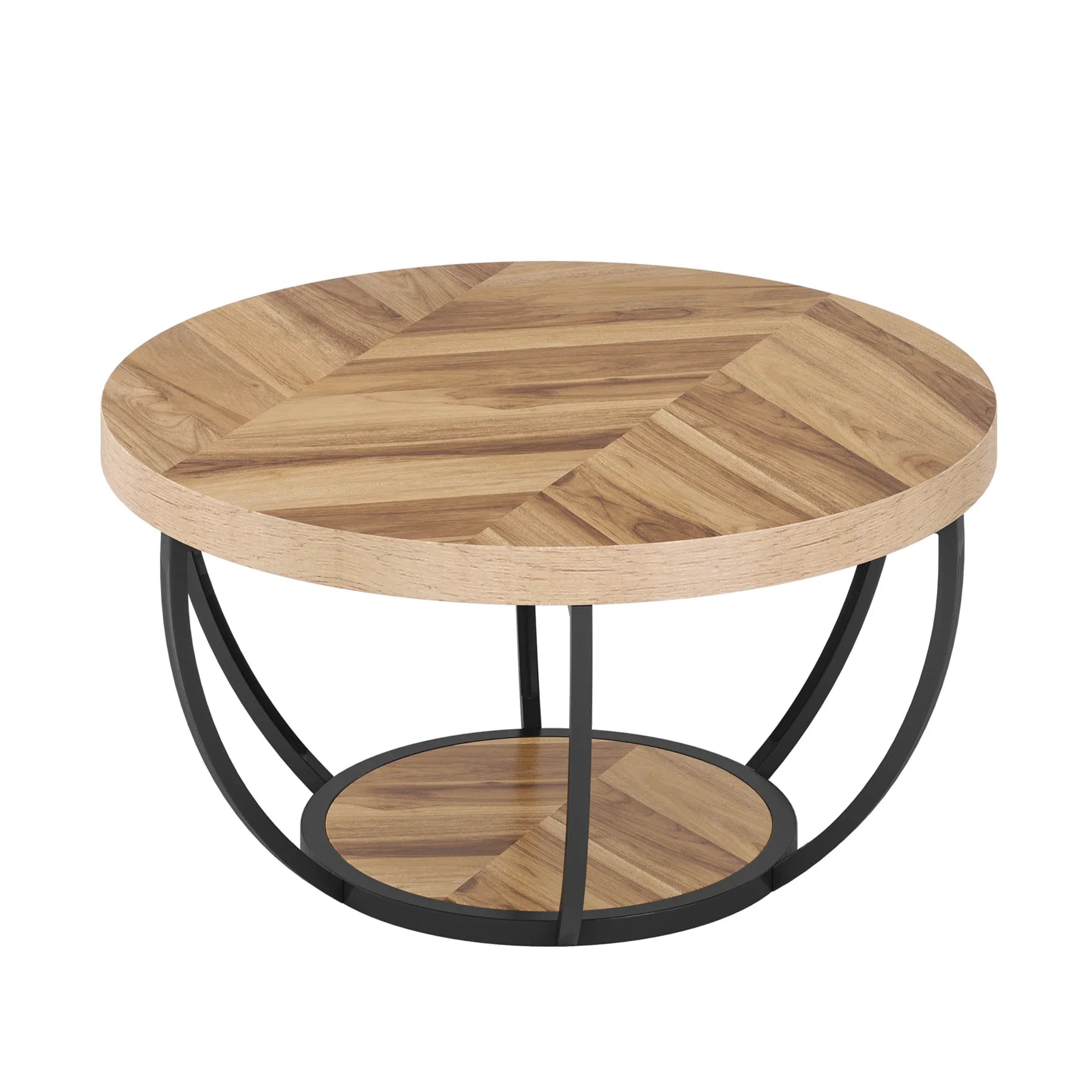 Round wooden coffee table with black metal base on a white background