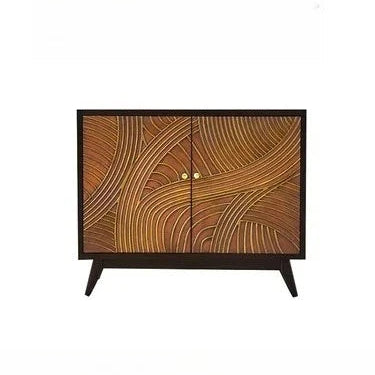 Wooden cabinet with decorative pattern on a white background
