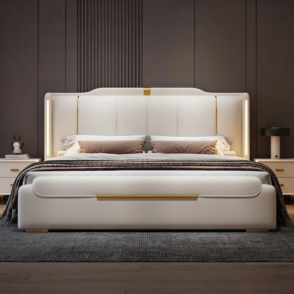 Luxury King Size Leather Storage Bed – Modern Solid Wood Frame