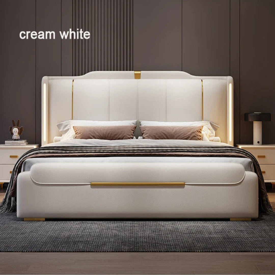 Cream white bed with gold accents in a bedroom setting