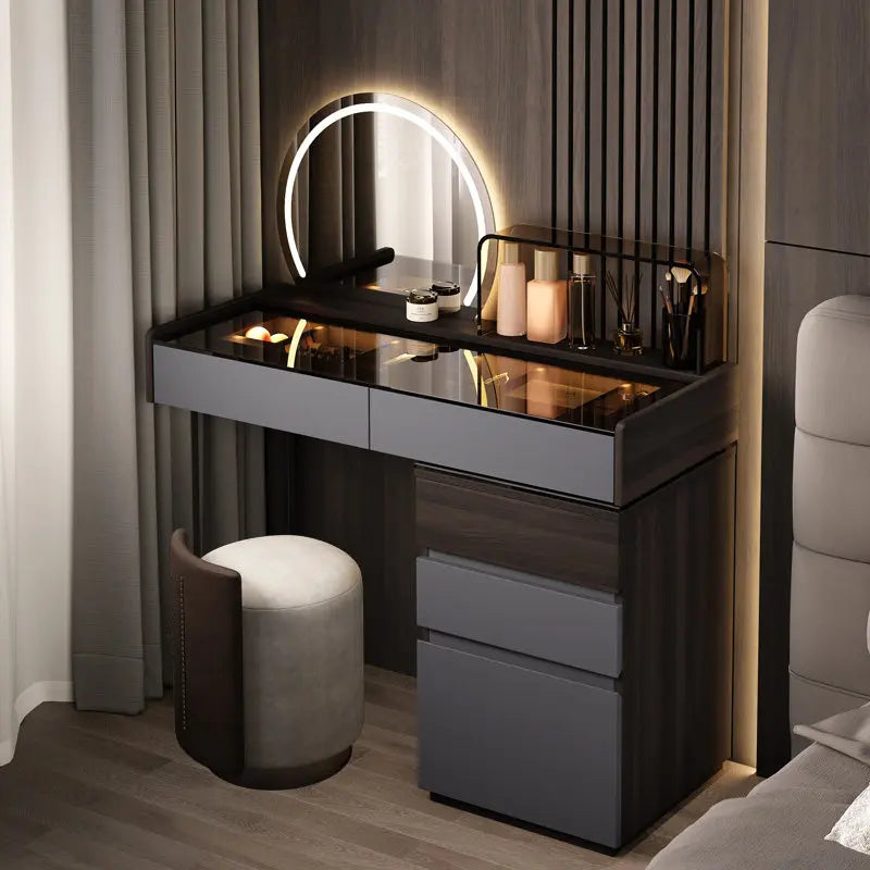 Nordic Glass Top Makeup Vanity Table – Minimalist Dressing Table with Storage Drawers