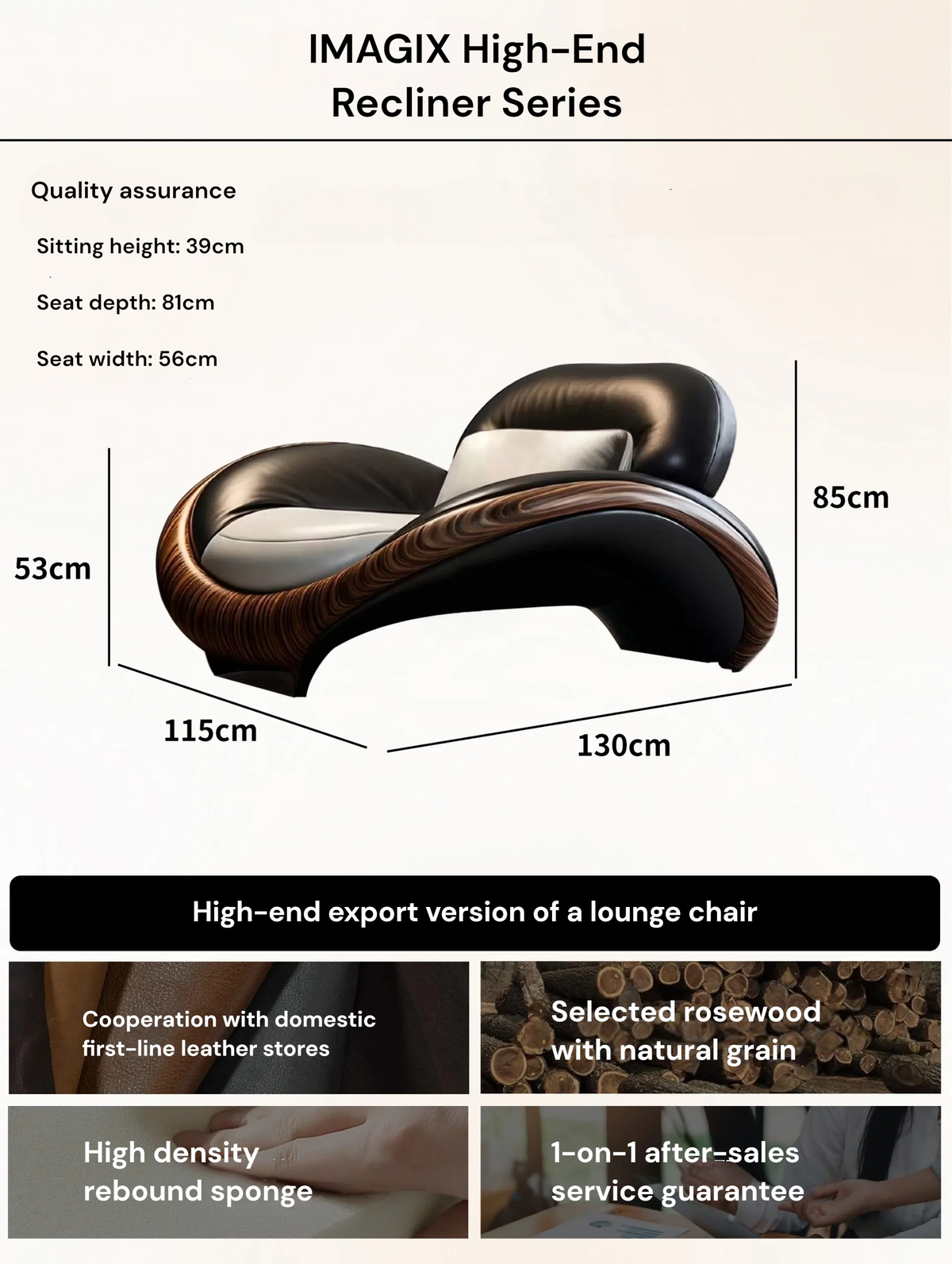 High-end recliner chair with dimensions and quality assurance details on a beige background