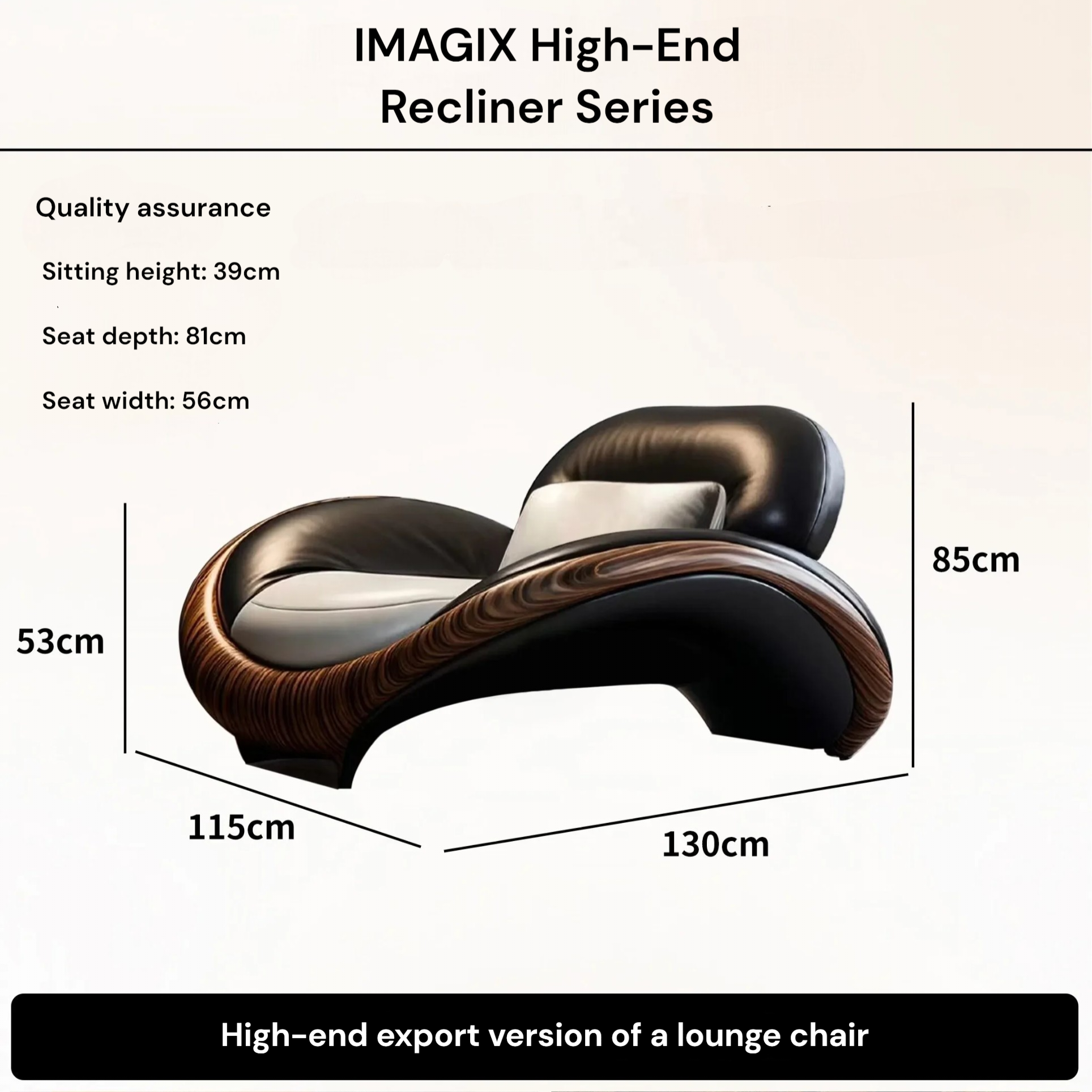 High-end recliner chair with dimensions and specifications on a beige background