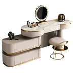 Makeup vanity table with mirror and stool on a white background