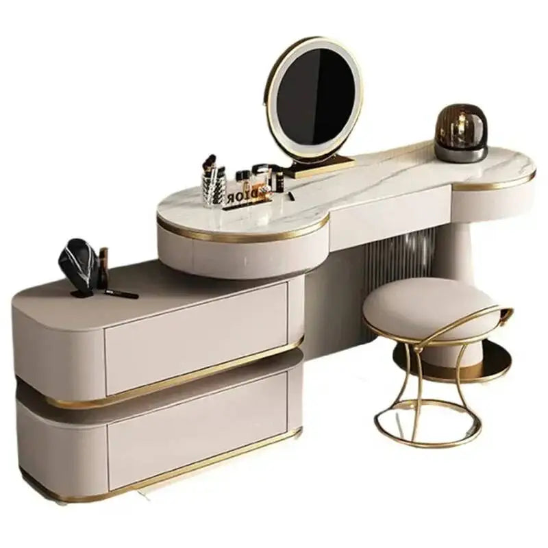 Makeup vanity table with mirror and stool on a white background