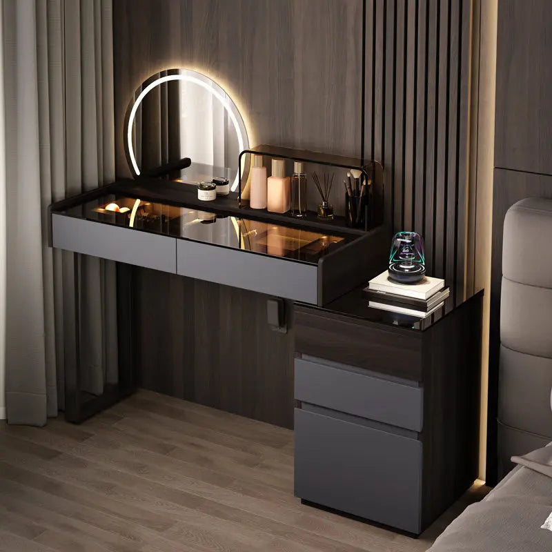 Nordic Glass Top Makeup Vanity Table – Minimalist Dressing Table with Storage Drawers