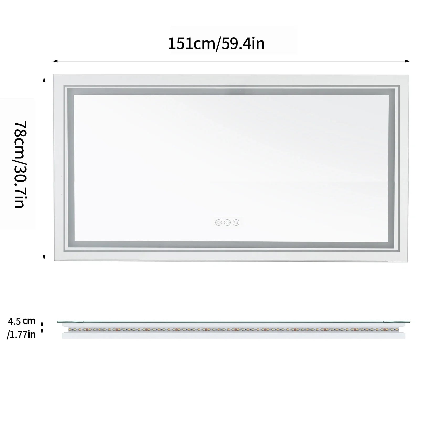 Measurement chart of a rectangular Mirror object with dimensions labeled.