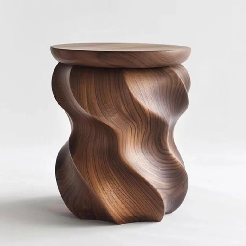 Wooden side table with wavy design on a white background