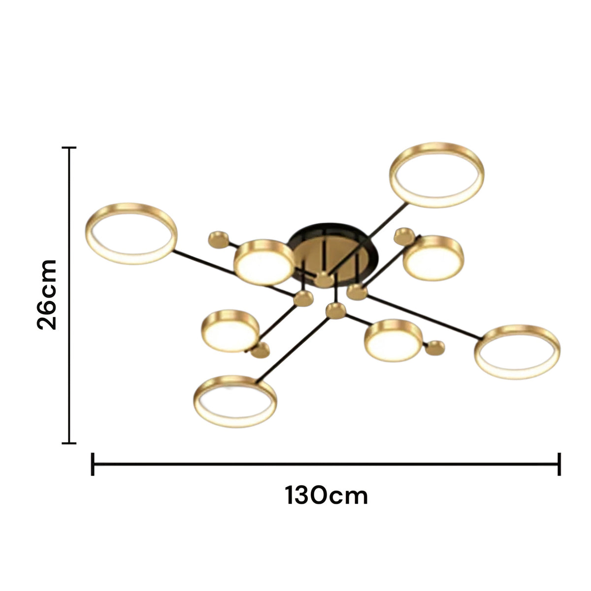 Modern multi-light ceiling fixture with gold-toned circular rings and black branching arms, shown with dimension labels indicating 130 cm width and 26 cm height on a white background.