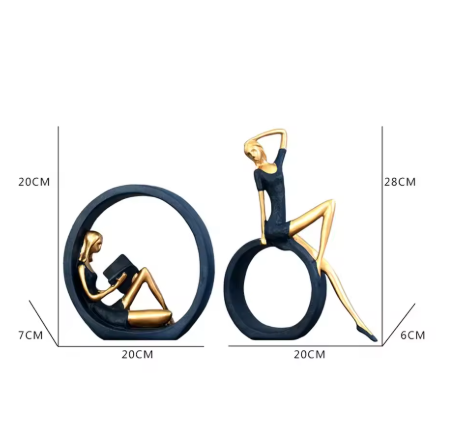 Two decorative figures of women on rings with dimensions indicated.