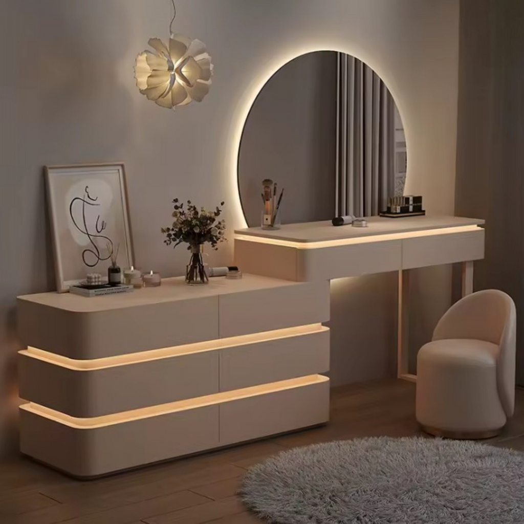 Modern vanity table with mirror and lighting in a bedroom setting