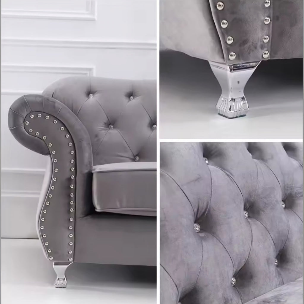 Luxury Chesterfield Velvet Sofa – Dark Grey & Black