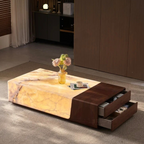 Modern coffee table with storage drawers in a living room setting