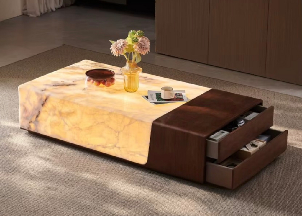 Modern coffee table with storage drawers in a living room setting