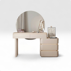 Beige vanity table with round mirror on a white background