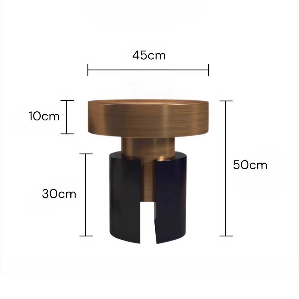 A modern cylindrical side table or lamp base with a round brushed brass top, a narrow brass middle section, and a split black lower cylinder. Dimension lines and labels indicate a width of 45cm, a height of 50cm, and a lower section depth of 30cm, on a plain white background.