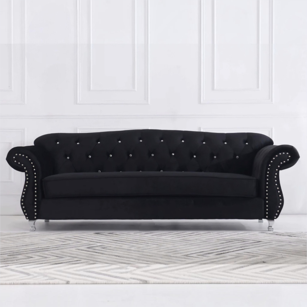 Luxury Chesterfield Velvet Sofa – Dark Grey & Black