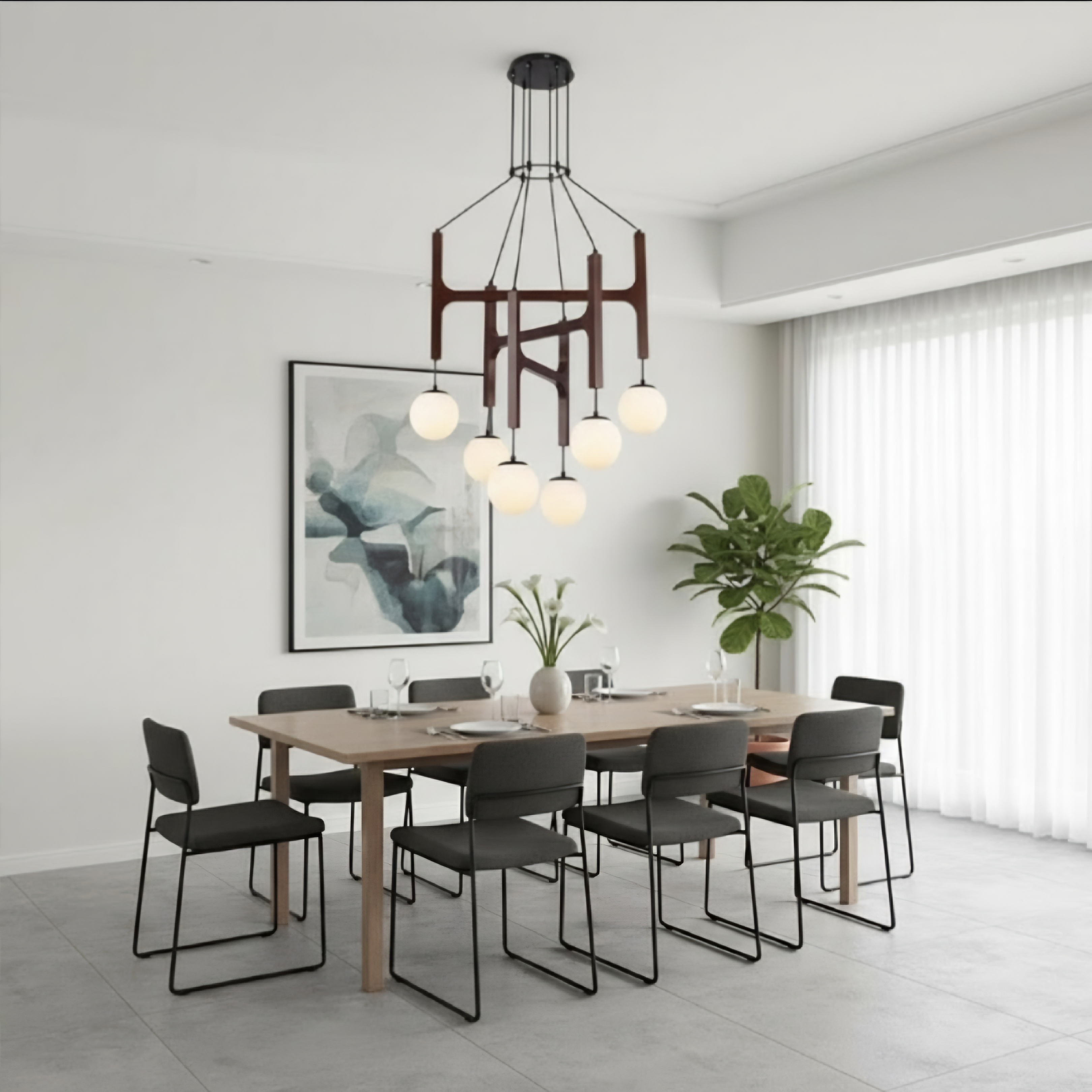 A modern dining room featuring a unique multi-light chandelier with dark wood and black metal arms and white globe bulbs, hanging over a wooden dining table with black chairs.