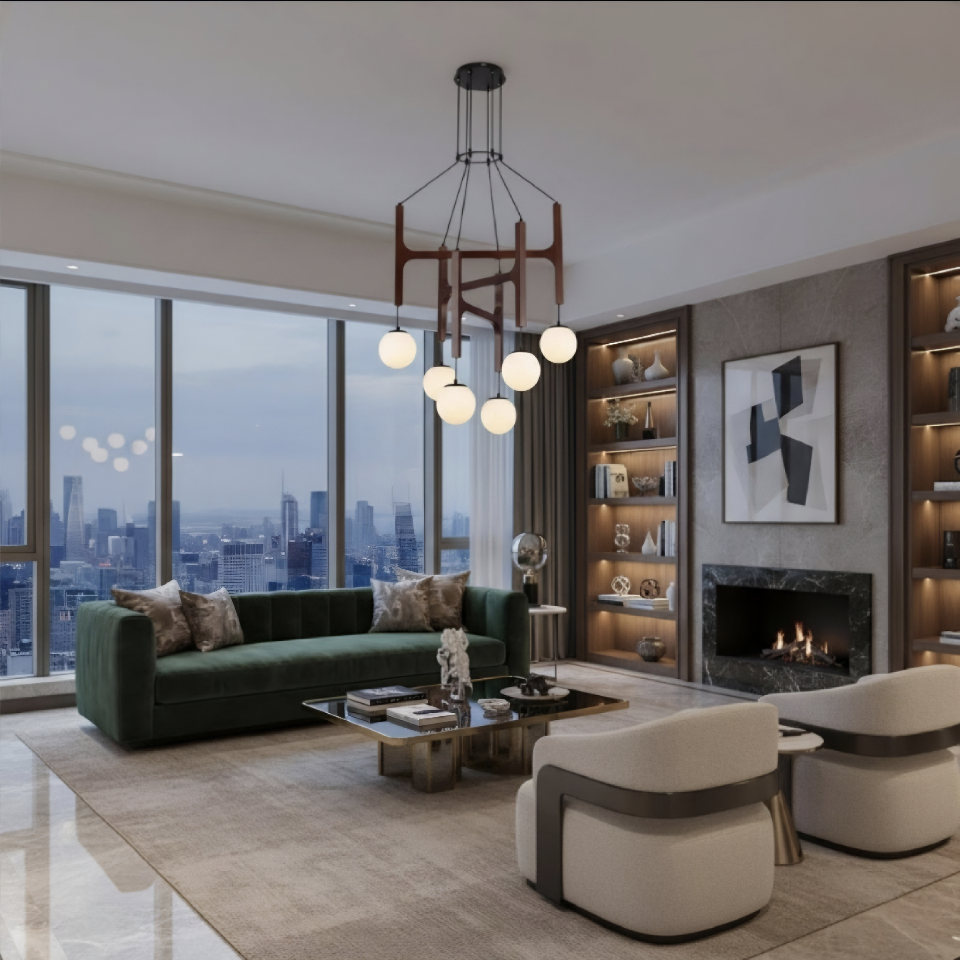 A modern living room interior with a green velvet sofa, two cream armchairs, a glass-top coffee table, built-in shelving, a fireplace, and a large wooden chandelier over a dining area with city views.