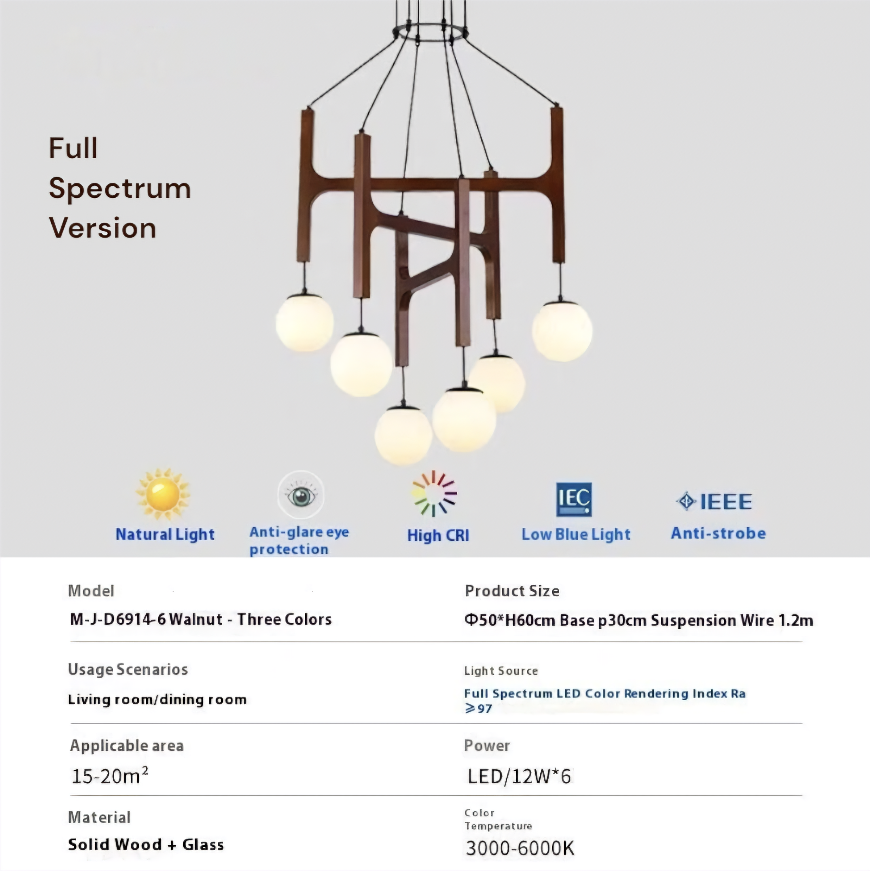 Chandelier with specifications on a gray background