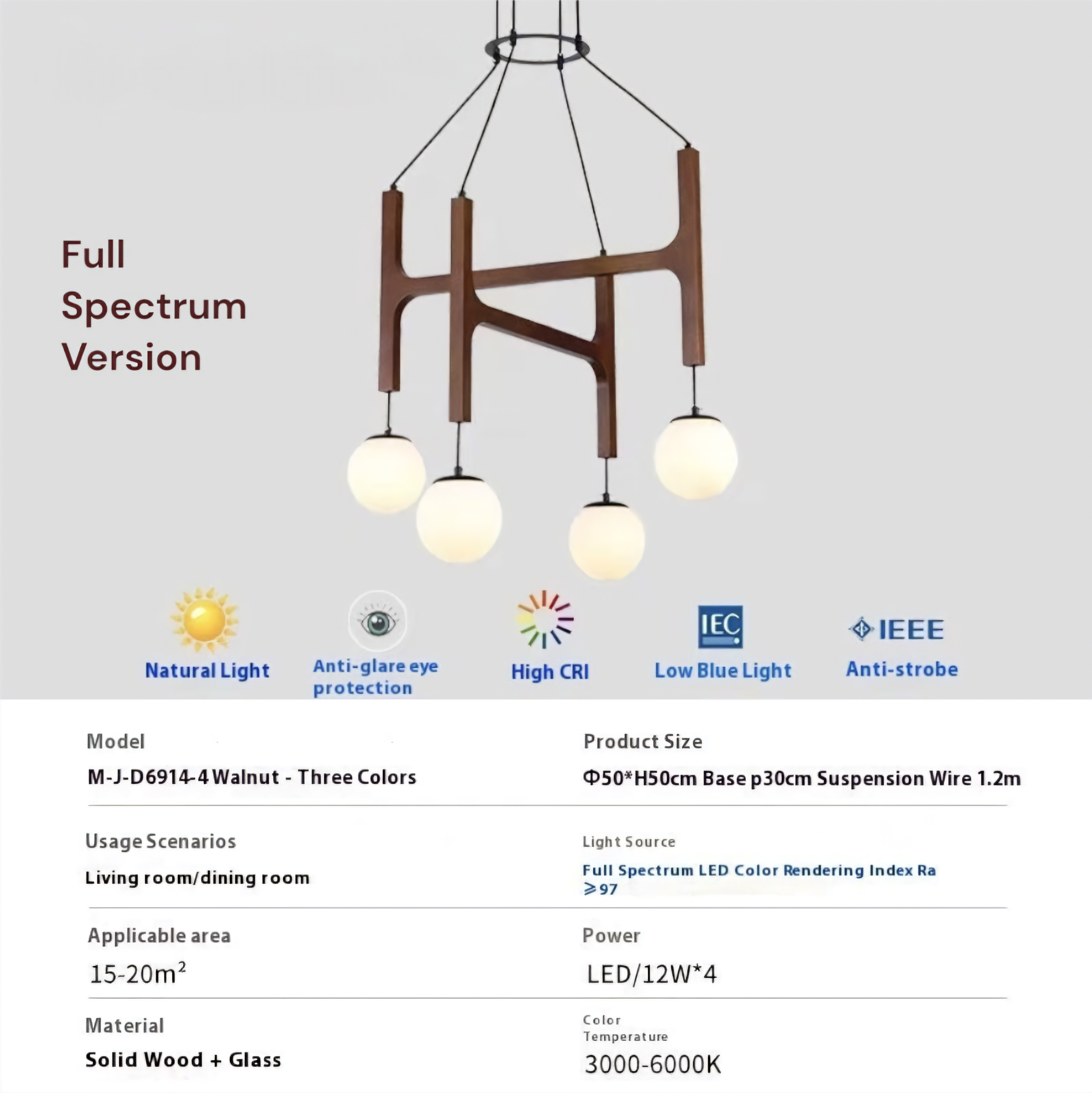 A product information graphic for a modern multi-light pendant chandelier. The image shows the chandelier with dark walnut wood arms and glowing white globe shades, alongside marketing text ('Full Spectrum Version'), feature icons (natural light, anti-glare eye protection, high CRI, low blue light, anti-strobe), and a specification table listing model M-J-D6914-4, three color options, dimensions, and material details.