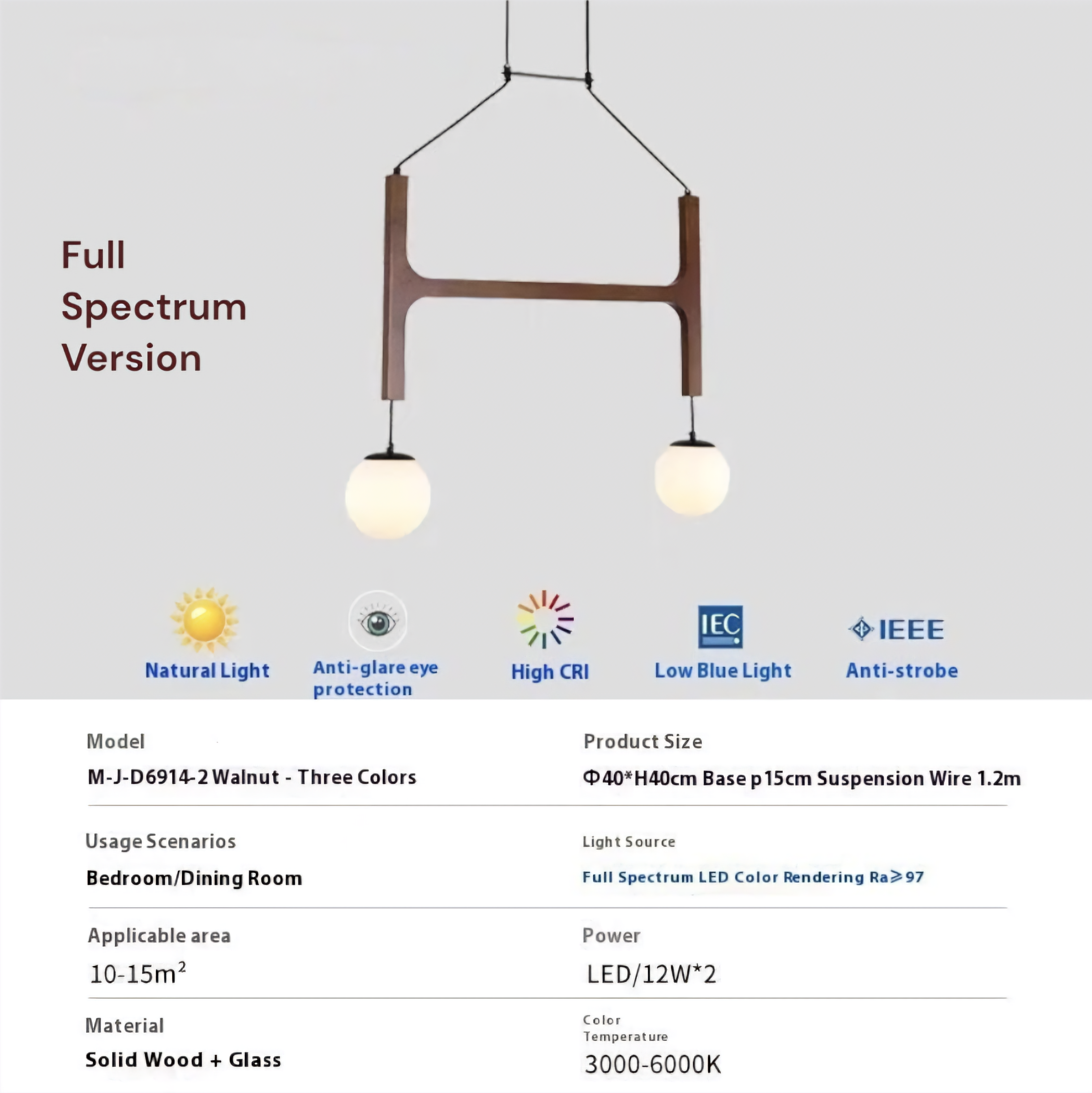 Modern pendant light with specifications on a gray background