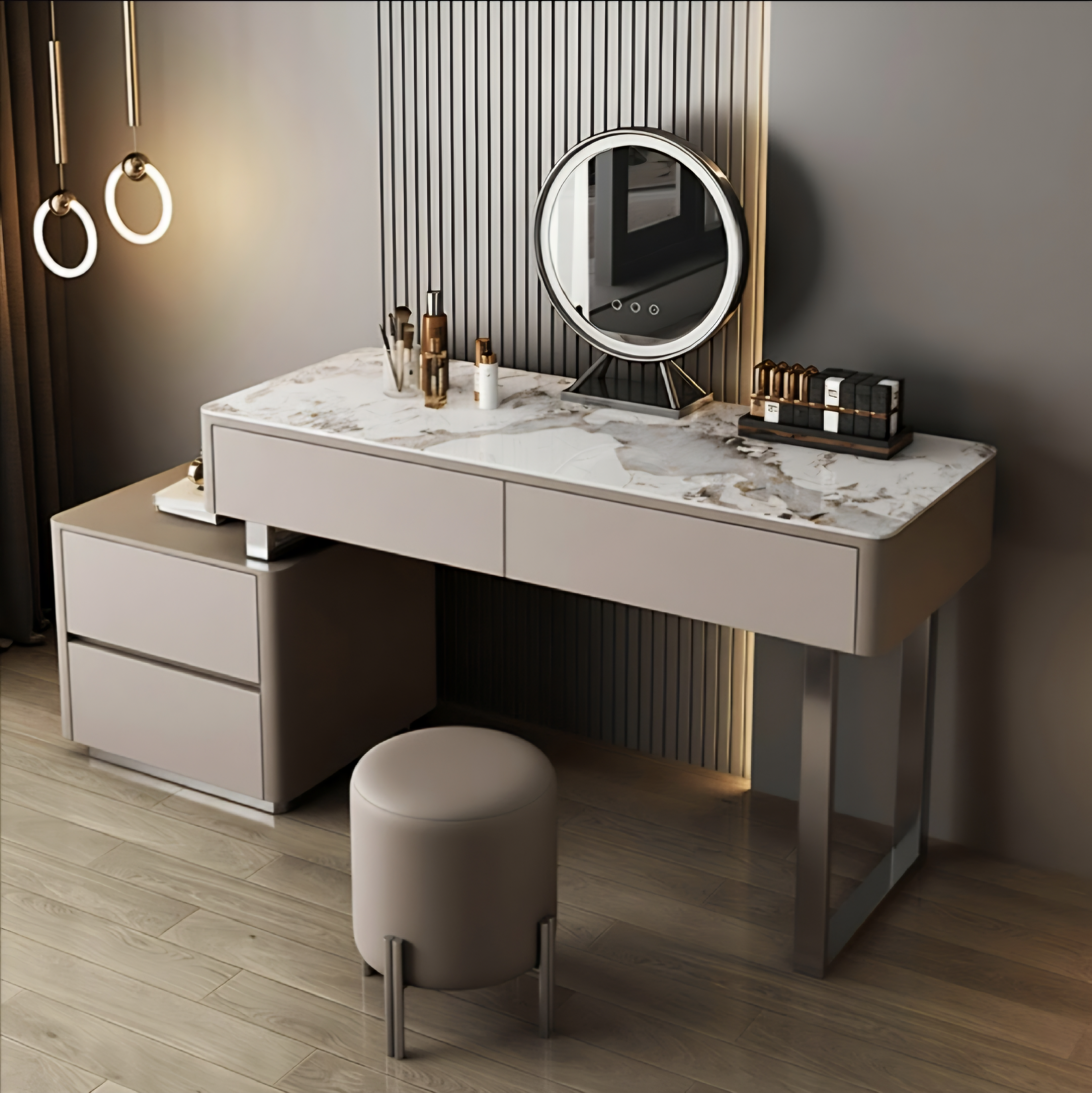 A modern makeup vanity table set in a styled room, featuring a marble-patterned top, a round built-in LED mirror, a matching stool, and a side storage drawer, set against a gray slatted accent wall.