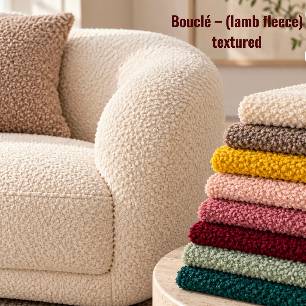 Bouclé lamb-fleece textured cream sofa with a matching cushion, alongside a stack of colourful bouclé fabric swatches in ivory, taupe, mustard, pink, burgundy, sage and teal.