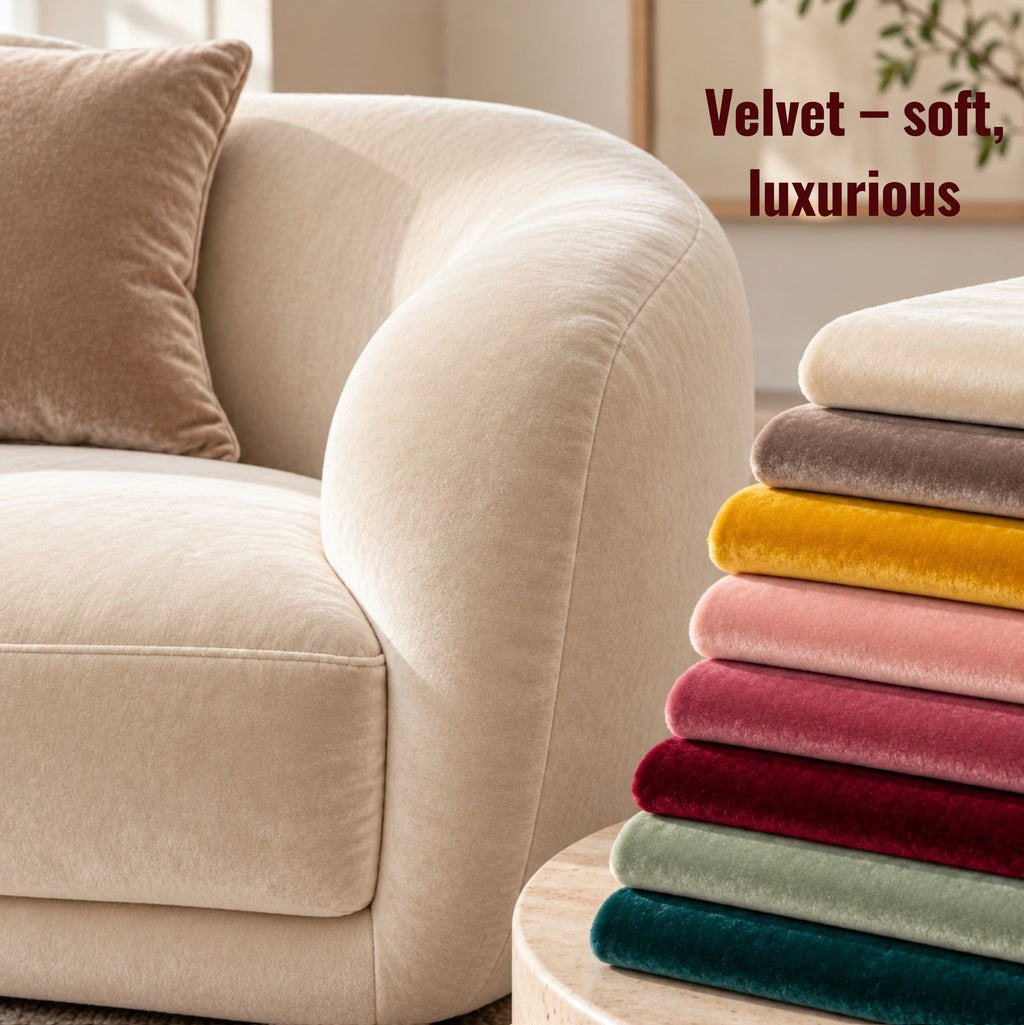 Luxury cream velvet sofa with rounded curves and matching cushion, beside a stack of colourful soft velvet fabric swatches in neutral, mustard, pink, burgundy, sage and teal tones.