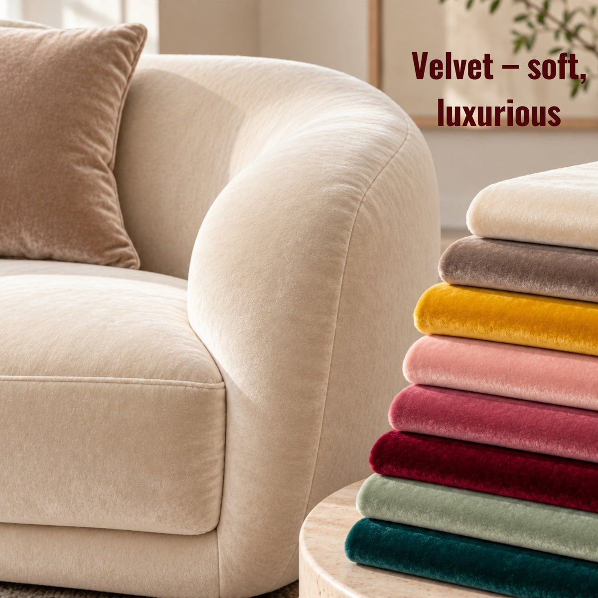 Luxury cream velvet sofa with rounded curves and matching cushion, beside a stack of colourful soft velvet fabric swatches in neutral, mustard, pink, burgundy, sage and teal tones.