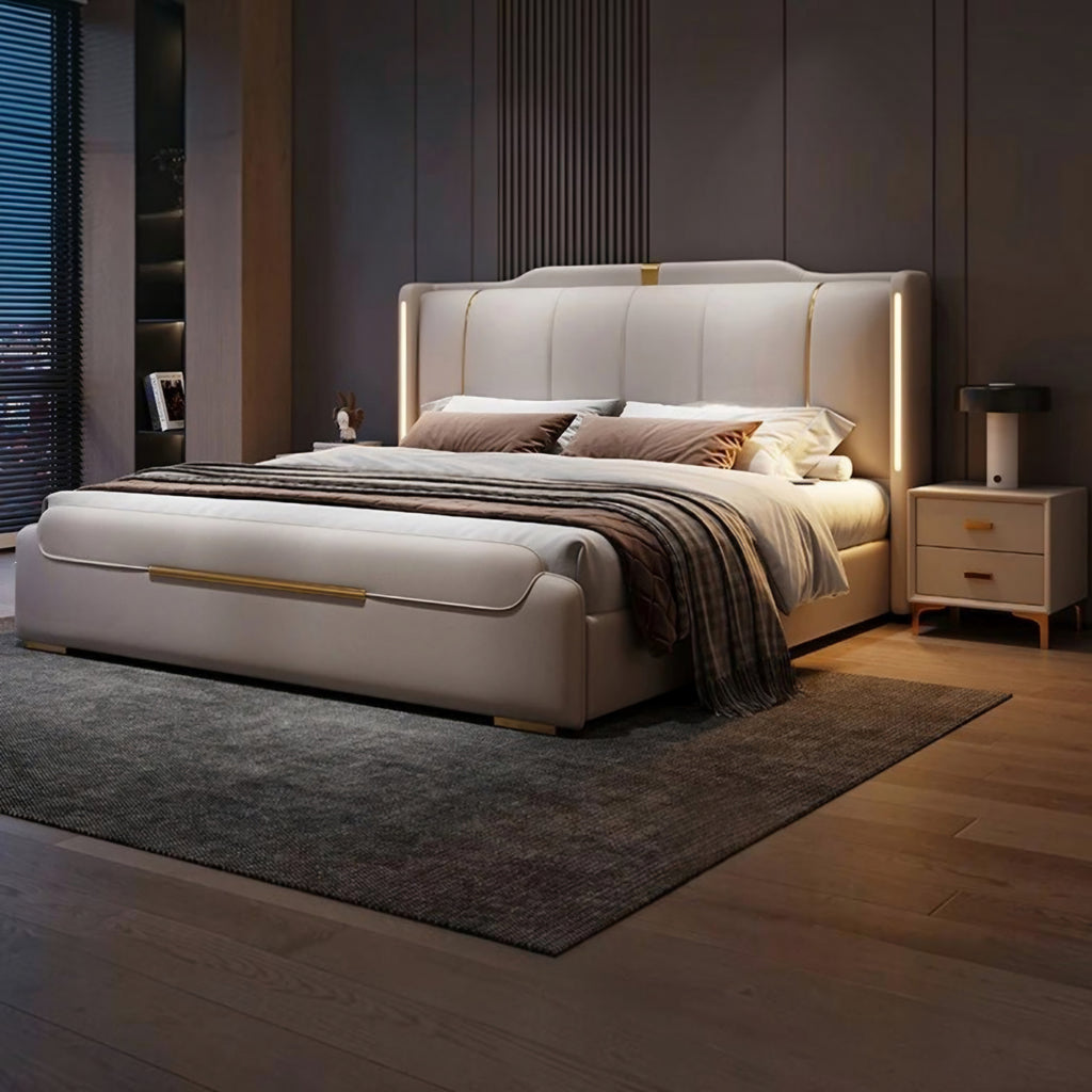 Luxury King Size Leather Storage Bed – Modern Solid Wood Frame