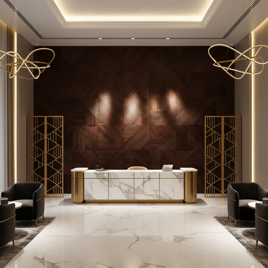 Modern interior design with a marble desk, chairs, and decorative wall patterns.