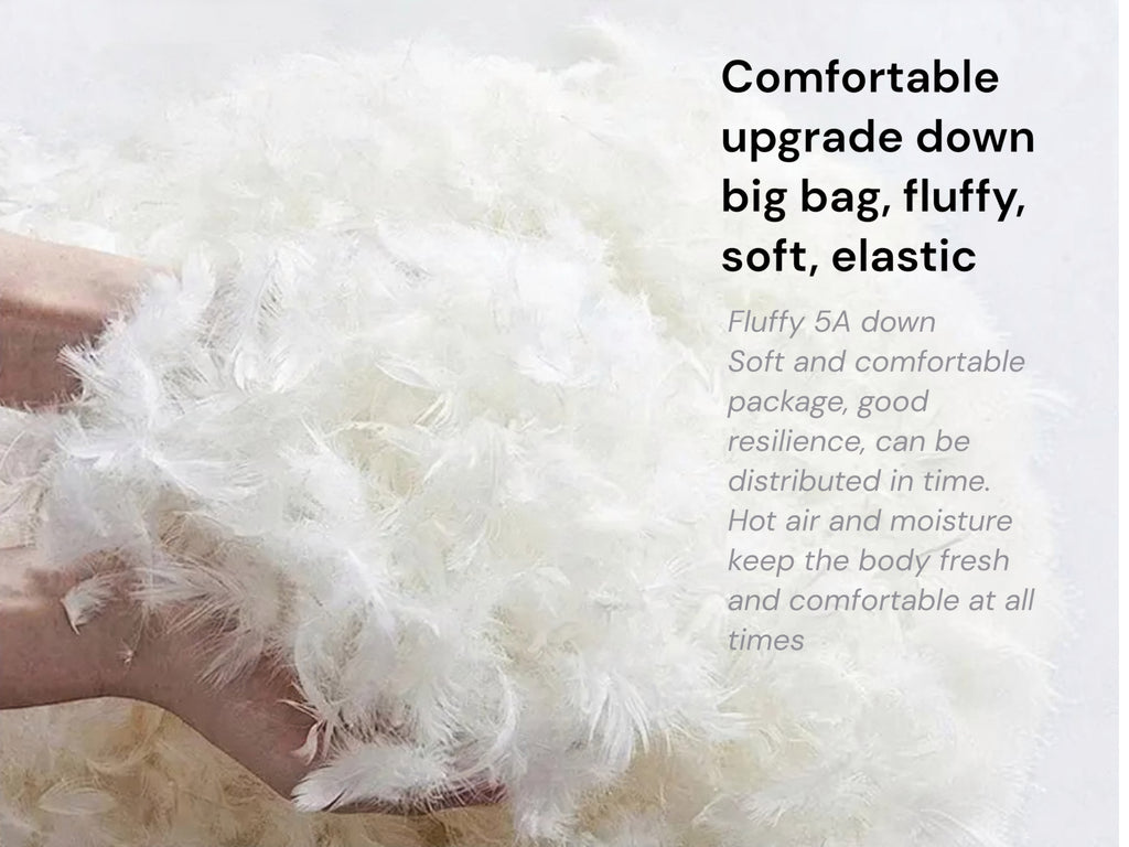 White fluffy feather-like material being held in a hand, with promotional text on the right describing comfort and softness.