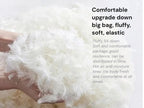 White fluffy feather-like material being held in a hand, with promotional text on the right describing comfort and softness.