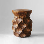 Wooden side table with wavy design on a gray background