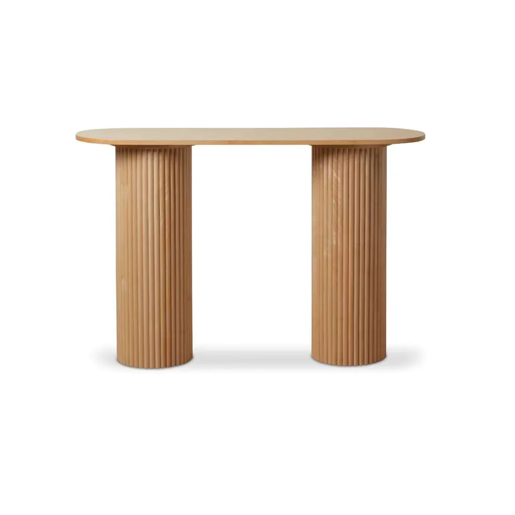 Wooden table with fluted cylindrical legs on a white background